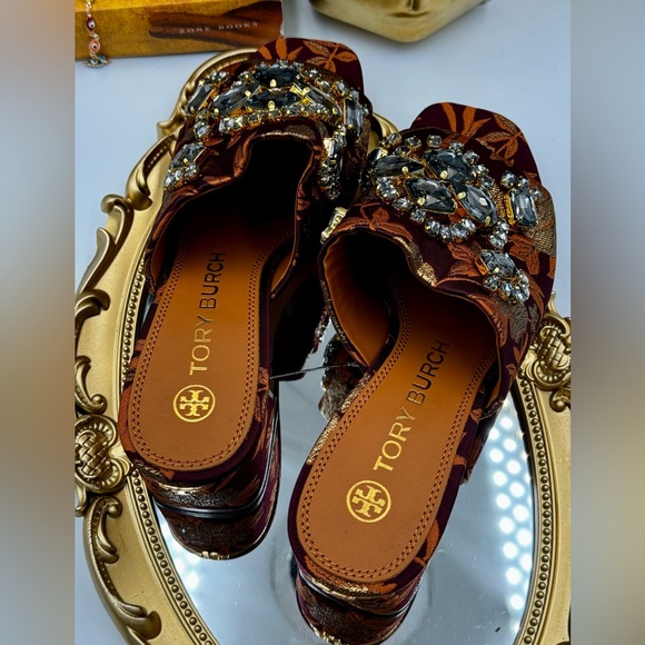 🆕 TORY BURCH 🧿NWOT Martine Jacquard Mid-Heel Slide, Burgundy Black Diamond Sz7 - Picture 9 of 16